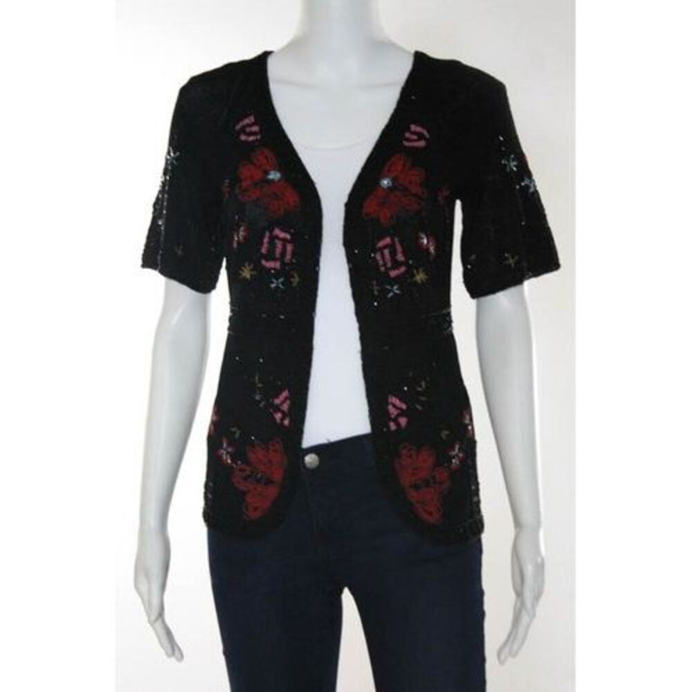 DKNY Black Multi Color Beaded Abstract Short Sleeve Cardigan Sweater Size Petite